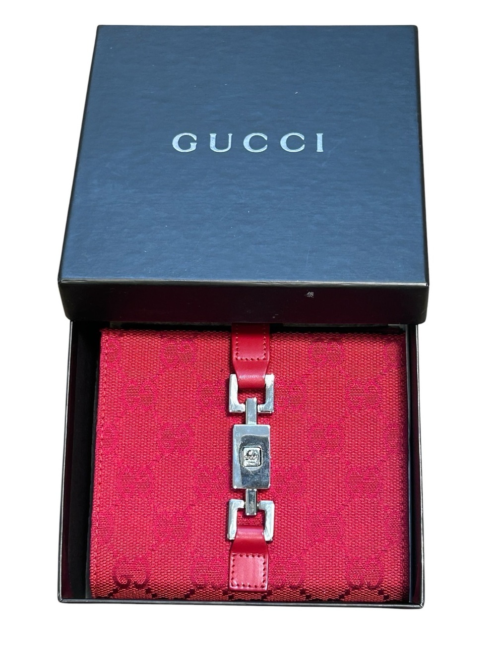 New in Box Gucci red Jackie monogram bifold wallet piston lock silver authentic